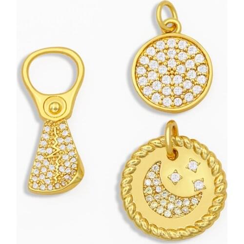 OCESRIO Fashion CZ Moon and Star Necklace Charms Bulk Paved Gold Coin Pendant Charms for Neckalce Jewelry Wholesale pdta200