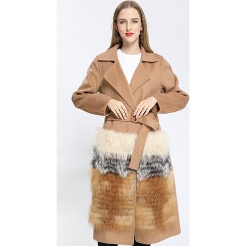 Womens Long Wool Coat Autumn Winter Cashmere Coat Female Stylish Red Fox Fur Coat High Quality Streetwear