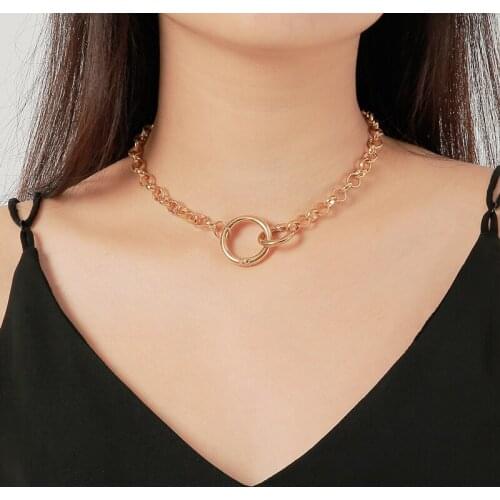 Simple Punk Metallic Glossy Surface Chain Double Ring Buckle Golden Silver Plated Aluminum Alloy Choker Necklace for Women
