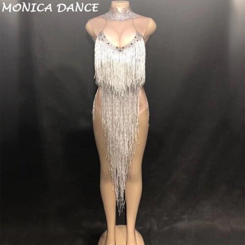 Stage Glisten Rhinestones Stretch Sexy Bodysuit Silver Long Tassel Costume Women Birthday Celebrate Dance Wear Luxurious Outfit
