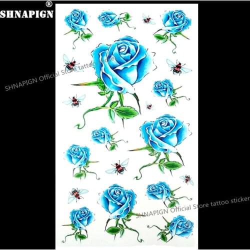 SHNAPIGN Blue Lover Rose Bee Temporary Tattoo Body Art Arm Flash Tattoo Stickers 17*10cm Waterproof Fake Henna Painless Sticker