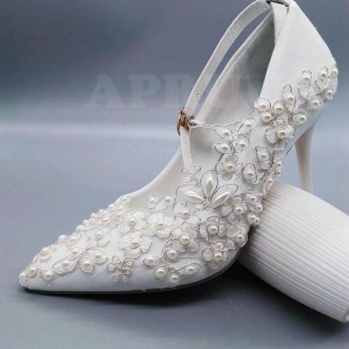 9CM high thin heels silver lace wedding shoes bride handmade luxury ankle buckle straps point toes bridal bridesmaid pumps