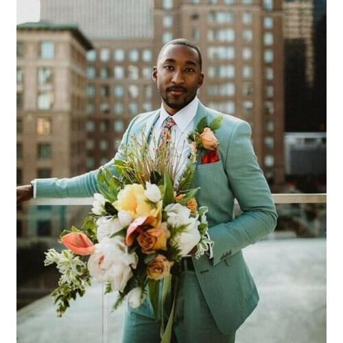 2020 Mint Linen Groom Wedding Suits Evening Party Prom Custom Made Slim Fit (Jacket+Pants) Best Man Tuxedos