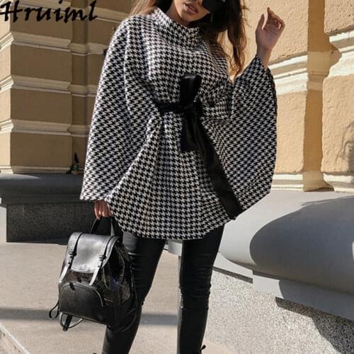 Cloak Women Elegant Long Sleeve Pullover Fashion Houndstooth Ladies Cape Coat Sashes High Street Casual Oversize Autumn Winter