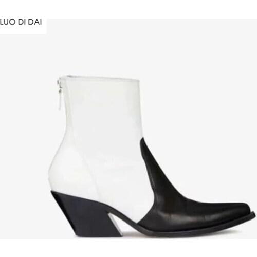 2020 new women black&white boots ladies ankle booties chunky heel boots high heel boots mix color booties point toe chelse