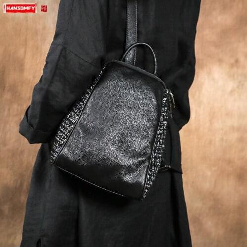 2020 Genuine Leather Women Backpack Printed Shoulder Bag Leather Casual Small Backpacks Black First Layer Leather Female