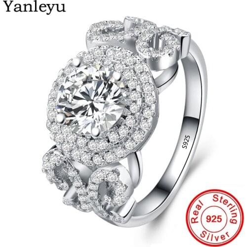 Yanleyu Original Pure 925 Sterling Silver Bridal Engagement Jewelry 7MM AAA Zircon CZ Diamant Wedding Rings for Women PR208