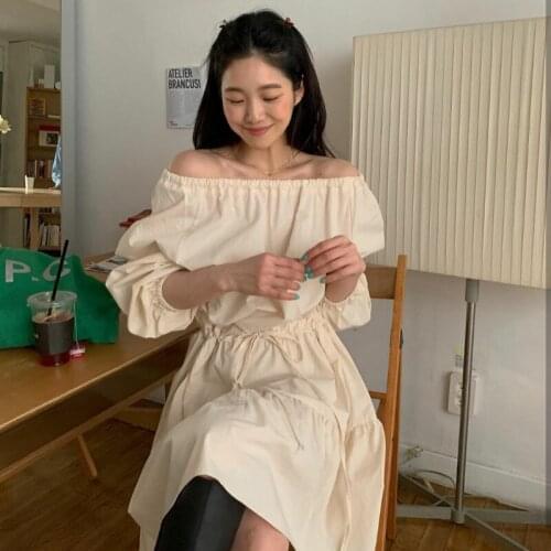2021 New Women Summer Sexy Beige Dress Drawstring-waistbelt Puff Sleeve A-line Pullover Sundress