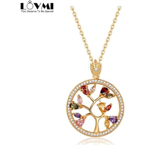 Fashion Female Necklace Rose Gold Colorful Rainbow Zircon Life Tree Pendant and Chain For Mother Female Gift Jewelry Accessories