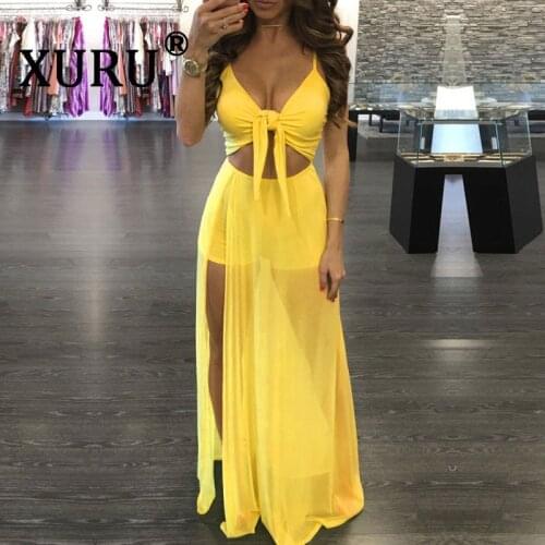 XURU summer new womens mesh stitching dress sexy chest knotted a variety of wearing dress white yellow red black dress