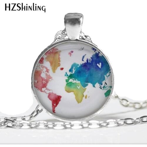 1 Pc World Map Necklace, Rainbow Multicoloured Map Jewelry, Glass Dome Jewelry Rainbow Necklace HZ1