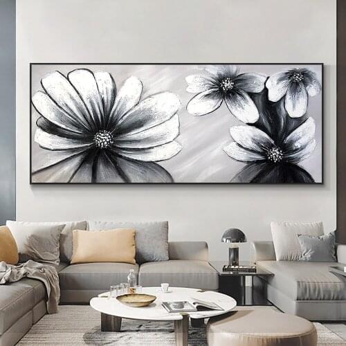 Abstract 100% Hand Painted Black White Flowers Oil Painting On Canvas Thick Palette Knife Painting Wall Art For Home Decoration
