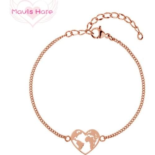 Mavis Hare Travel the World Bracelet Heart Shape World Map Stainless Steel Bracelet for Drop shipping as Valentines Gift