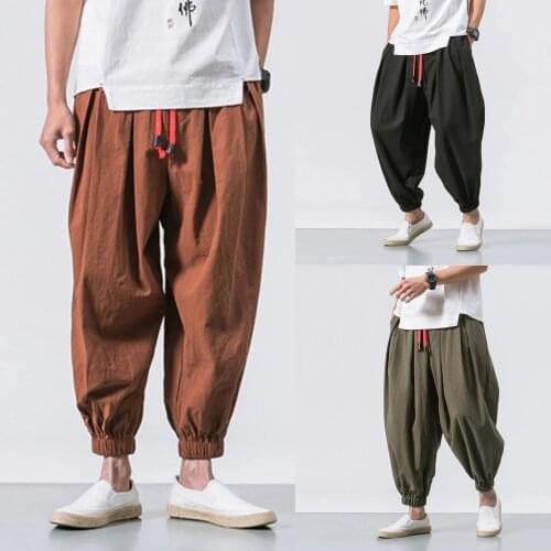 Mens Fashion Casual Loose Solid Color Harem Pants Wide Leg Elasticated Pants Casual Cotton Linen Trouser Man Jogger Pants