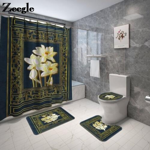 Modern Style Floral Bath Mat and Shower Curtain Home Decoration Bathroom Toilet Rug Shower Room Bath Curtain Floor Toilet Mat