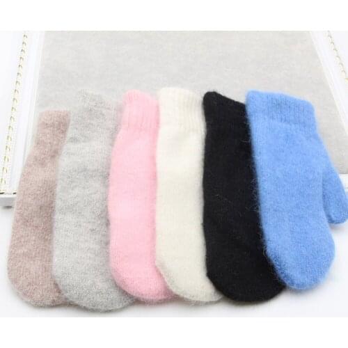 Double-layer Thicken Rabbit Hair Gloves Female Winter Korean Version Of Solid Color Warm All Fingers Gloves Women Mittens