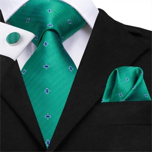 Hi-Tie Luxury Silk Mens Tie Dot Green Hanky Cufflinks Set Fashion Tie For Men Classic Party Wedding Gift For Men Necktie Set