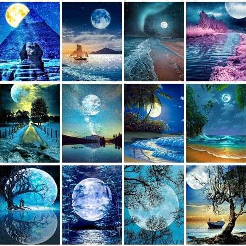 HUACAN Diamond Painting Kit Landscape Seaside 5D DIY Diamond Embroidery Moon Rhinestones Mosaic Cross Stitch Handmade Gift