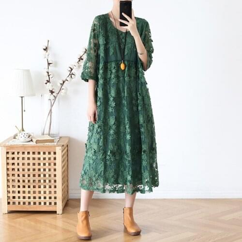 Johnature Vintage Green Embroidery Floral Women Dresses 2021 Spring New O-Neck Short Sleeve Casual A-Line Female Chiffon Dresses