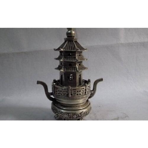 China white Copper silver 2 Dragon play bead Tower pagoda censer incense burner