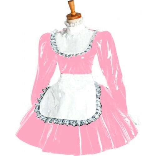 Maid Cosplay Fancy Dress Costumes Outfit Patent Leather A-line Dresses with Satin Apron Clubwear Long Sleeve Gothic Mini Dress