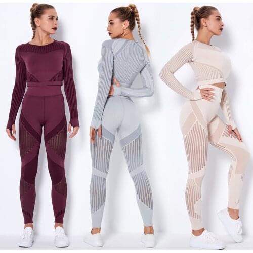 New Seamless Knitted Yoga Set Long Sleeve Yoga Shirts Womens LeggingsTwo Pieces Set Gym Fitness Sport Suit Workout Tracksuit