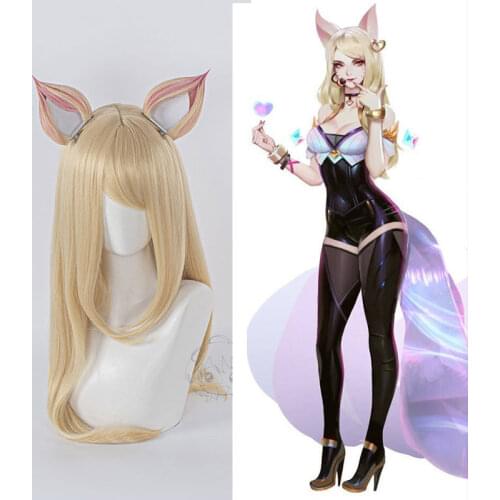 LOL Game Ahri Cosplay Wig with ears KDA POP/STAR Ahri Cosplay Wig Women Long Straight Blonde Wig LOL KDA KPOP SKIN Hair