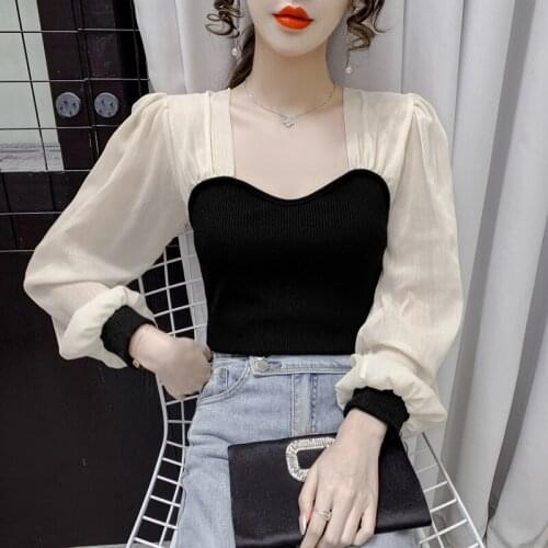 Spring Autumn Square Collar Stitching Pullover Sweater Woman Fashion Clavicle Exposed All-Match Puff Sleeve Knitting Tops Female