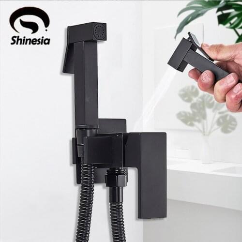 Shinesia Matte Black Brass Shower Tap Bidet Faucet Washer Mixer Muslim Shower Cold and Hot Water Mixer Crane Square Shower Spray