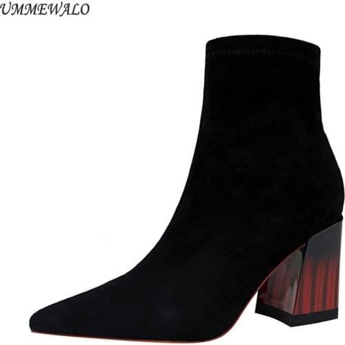 UMMEWALO Ankle Length Flock Boots Women Fashion Pointed Toe High Heel Shoes Winter Ankle Boots Ladies Shoes 1718-2