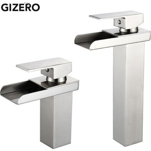 GIZERO Bathroom Waterfall Faucet Hot And Cold Sink Mixer Brushed High Quality Deck Mounted Washbasin Vessel Sink Taps ZR727