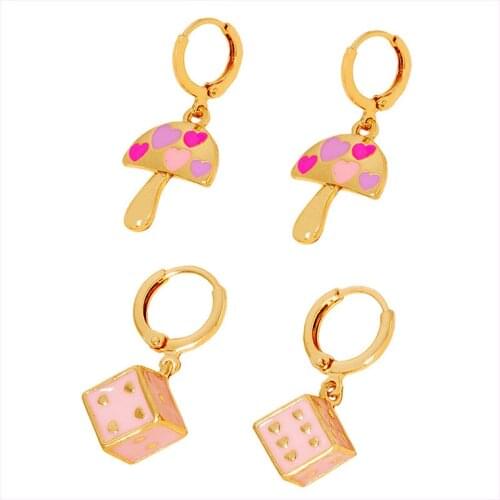 Y2K Jewelry Pink Heart Mushroom Earrings For Women Metal Vintage Harajuku Cute Dice Earring s Charms 90s Aesthetic New Gift 2021