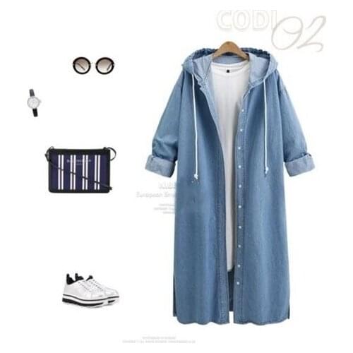 2021 Womens Spring Autumn Coat Denim Jacket Long Sleeve Casual Single Breasted Windproof Female Costume Long Hooded Outwear