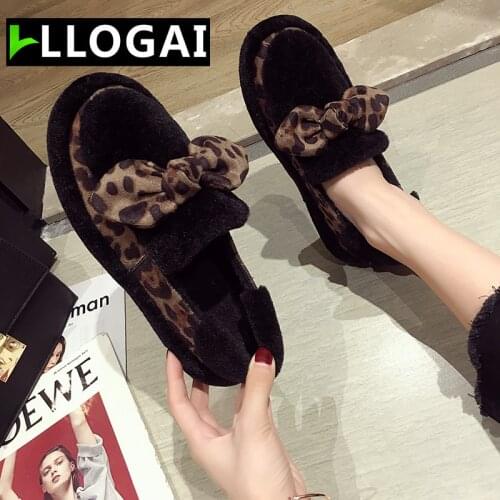 Creepers Leopard bowknot furry loafers woman warm fur flats 40 shearling moccasins thicken soled winter cotton shoes women 2020