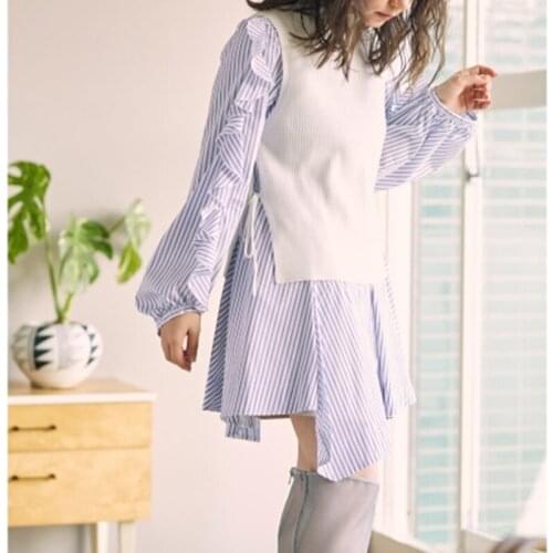 Casual Elegant 2 Pcs Women Sets Sweet Irregular Fungus Long Sleeve Mini Robe + Simple Solid Split Sweater Vest Dress Suit