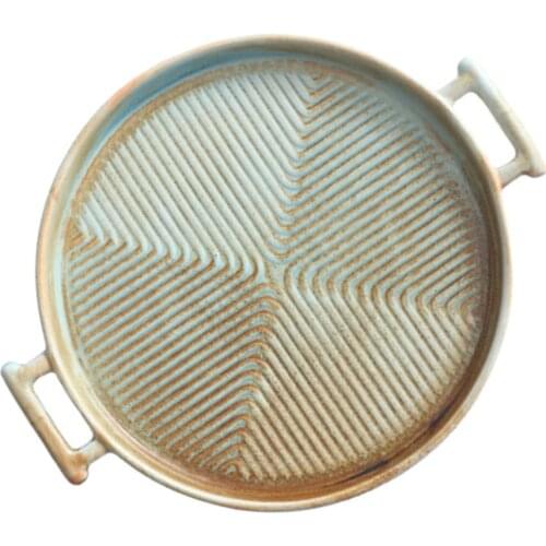 1PC Chinese Type Ceramic Baking Pan Retro Double Ear Western Food Steak Plate