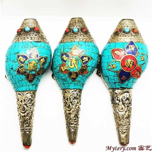 15CM Real Seashell Handicrafts Tibetan Buddhist Things Copper Capped Colorful Stone Craft Arts Free Shipping BC980