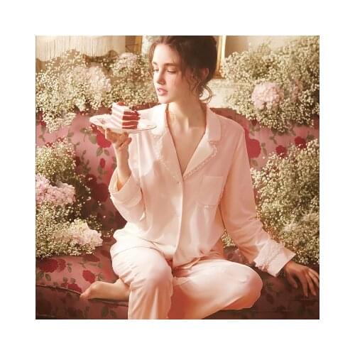 2 Colors Womens Royal Style Turndown Collar Pajama Sets.Vintage Ladies Lace Pyjamas Set Sleepwear Suit Women Household Clothes