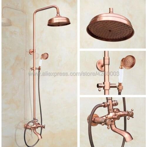 Antique Red Copper Rain Shower Faucets Tub Shower Faucet with 8 inch Shower Head + Hand Shower Krg514