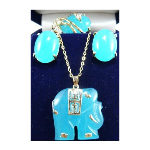 Noble blue Natural jade stud earrings ring(#6.7.8.9) elephant pendant jewelry set