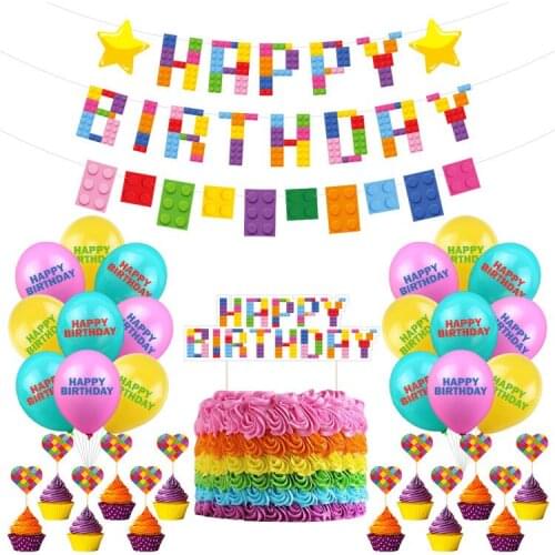 Blocks Toy Building Blocks Theme Party Decor Happy Birthday Banner Cake Topper Supplies for Baby Kids Decoration Sets