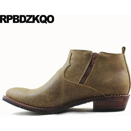 Full Grain Booties Chunky Ankle Cowgirl Designer Cowboy Boots Mens Genuine Leather Plus Size Zipper Pointed Toe Shoes Western