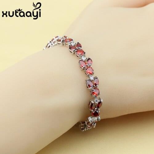 Fashion Silver Hidden-Safety-Clasp Chain-Link Bracelet For Women ,Clean Synthetic Red Garnet Fashion Wedding Jewelry