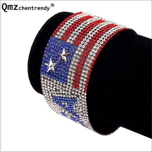 National Flag Day Shiny Stones Jewelry Nightclub Singer USA Flag Hot Fix Rhinestone Men Bracelet Hip Hop Bangle Women Wristband