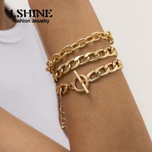 J.Shine 3Pcs/Set Gold Color Cuban Chain Bracelets Women Men Punk Miami Curb OT Bar Aluminum Bangle Statement Fashion Jewelry