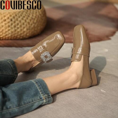 COVIBESCO 2021 Patent Leather Basic Women Pumps Square Toe Low Heels Rhinestone Classic Design Spring Casual Working Shoes Woman