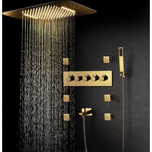 Ti -PVD Gold Rain Shower Systems Music LED Shower Head Waterfall Bathroom Faucets Thermostatic Concealed Mixer Shower Speaker