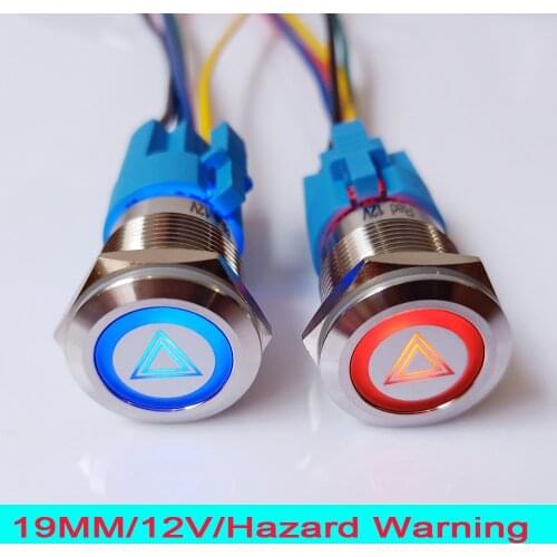 19mm 12V LED Illuminated Emergency Hazard Warning Flash Light Car Push Button Switch with 15cm wire plug connector socket