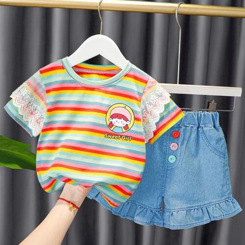 2021 Girls Summer Childrens Clothes Sweet Party Fashion Striped Gauze Sleeves Princess Suit Cotton Pullover Short Sleeves