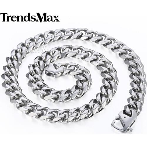 Trendsmax Matte Brushed Polished Necklace Mens Chain 316L Stainless Steel Cut Curb Cuban Link Silver Color Tone 15 mm KHNM18